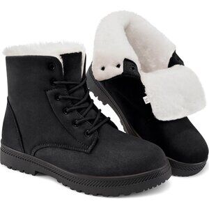 Women’s Black Warm Fur Lined Ankle Booties Lace Up Slip-On Outdoor Boots